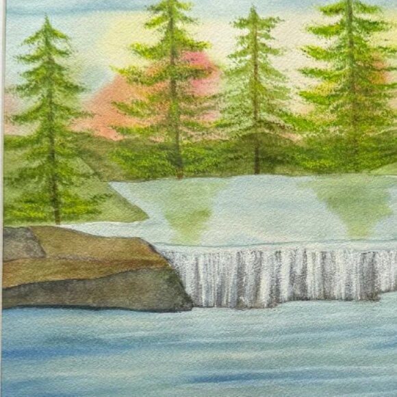 Painting Watercolor Forest Trees River Waterfall Landscape Art 11x14 Mat 16x20 - Picture 2 of 3